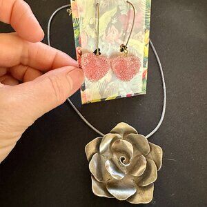 BUNDLE (2) Vintage Rose Pendant Necklace And Heart Earrings Jewelry Set Feminine